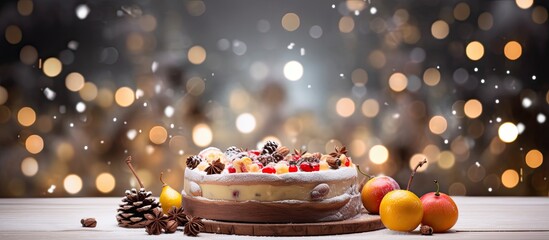 A festive Christmas cake with a variety of fruits and nuts placed on a bright table and background This dessert is a perfect addition to winter holiday celebrations The table is adorned with Christma