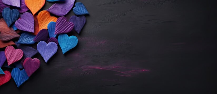 A close up image of blue and purple pencils along with a multicolored painting in the shape of a heart is captured on a textured black fabric background leaving copy space on the left