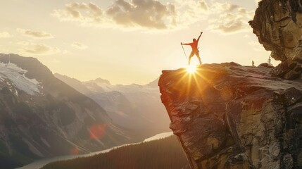 Composite. Adventurous Man Hiker With Hands Up on top of a Steep Rocky Cliff. Sunset or Sunrise. Landscape Taken from British Columbia, Canada. Concept: Adventure, Explore, Hike, Lifestyle