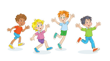 Cheerful boys with different skin and hair colors are running. Isolated on  white background. Vector illustration.