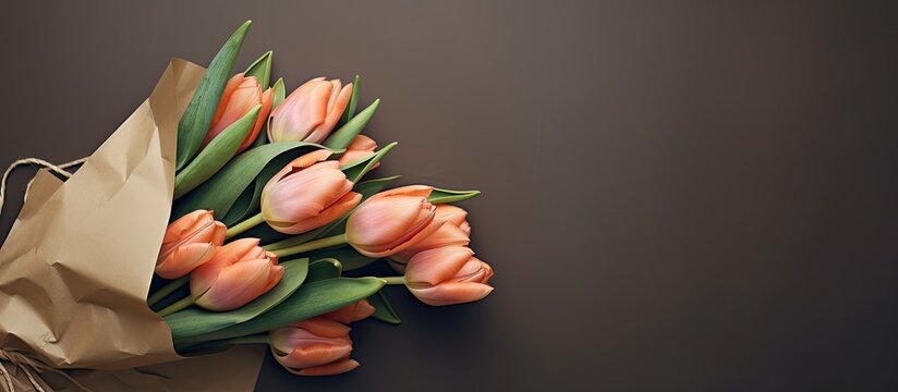 A beautiful bouquet of double tulips wrapped in kraft paper an ideal gift to brighten the spirits of someone who is feeling unwell and to express wishes for a speedy recovery Copy space image