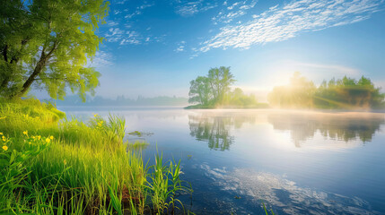 Beautiful natural scenery in the morning on the edge of a lake with green grass,blue sky and trees.