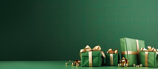 Green background with paper Christmas gifts creating a festive holiday atmosphere The image offers copy space for your personalized message or text