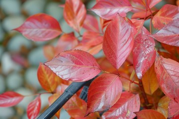 Obraz premium Detailed view of shiny red leaves in autumn, epitomizing the beauty of fall