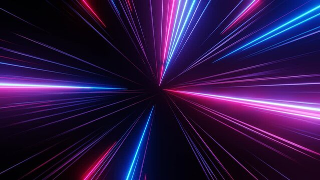 Abstract background with neon blue pink glowing rays lights. Retro 80s VJ 90s 2000s disco music template background. Isolated black footage warp. Loop 30fps 4k animation