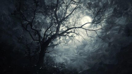 A tree is silhouetted against the sky with a full moon in the background