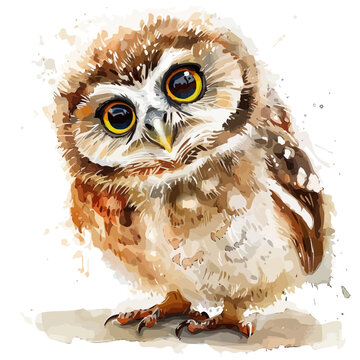 recommend clip art: Watercolor painting of a baby owl, isolated on a white background, baby owl vector, drawing clipart, Illustration Vector, Graphic Painting, design art, logo