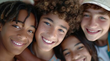 Fototapeta premium Closeup of Faces of Big Happy Family of Teenagers Hugging Each Other