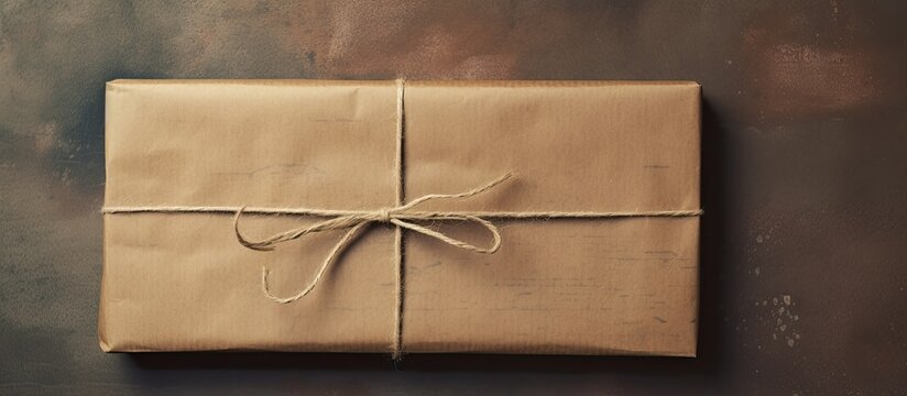 A parcel wrapped in vintage effect paper elegantly tied with string is ready for a copy space image
