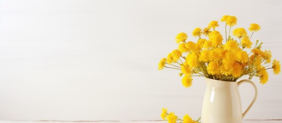 A copy space image of yellow wild summer flowers arranged in a jug on a vintage white interior