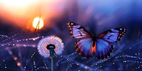 Morpho butterfly on dandelion with dew drops at sunrise: A soft focus image. Concept Nature Photography, Macro Shots, Morning Light, Close-up Details, Soft Focus Image