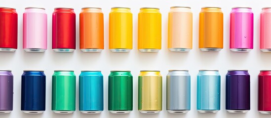 Colorful aluminum beverage cans arranged on a white background creating a visually appealing copy space image