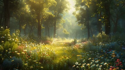 Obraz premium A tranquil forest glade with dappled sunlight filtering through the trees, illuminating a patchwork of wildflowers