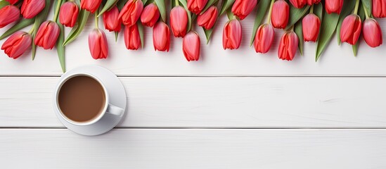 A flat lay of red tulips with a coffee cup placed on a white wooden table providing ample copy space in the image
