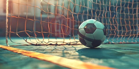 Soccer ball in goal court background - Ai Generated
