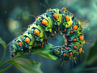 A large green caterpillar with orange spots is crawling on a leaf