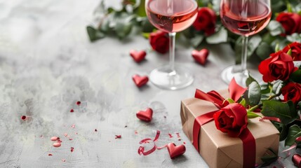 Red roses next to a gift box, two glasses of wine with a small amount of empty space.