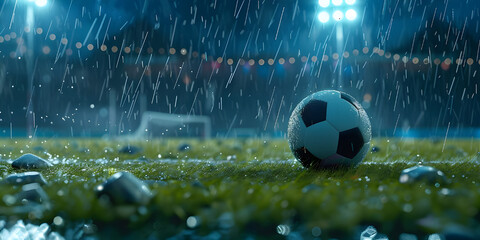 Soccer ball rolling on the playing field on a rainy night background - Ai Generated