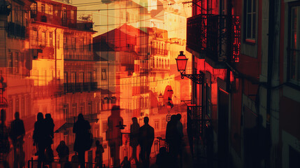 shadows of people walking down a street in a city at sunset