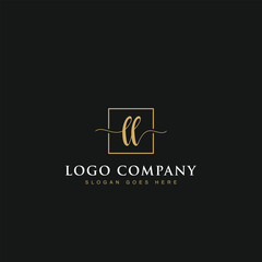 Initials signature letters LL linked inside minimalist luxurious square line box vector logo gold color designs for brand, identity, invitations, hotel, boutique, jewelry, photography or company signs