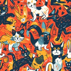 Playful Sgraffito Style Cartoon Animal Pattern in Vibrant Saturated Color Palette with Dynamic Poses and Imaginative Compositions