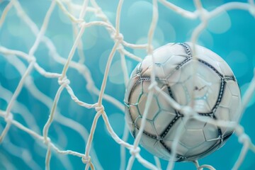 soccer ball in goal net blue background football championship or cup sports equipment photography