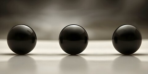 Three black balls positioned on a white surface with one ball in the middle of each group. Concept Abstract Art, Monochrome Composition, Symmetrical Arrangement, Minimalist Design