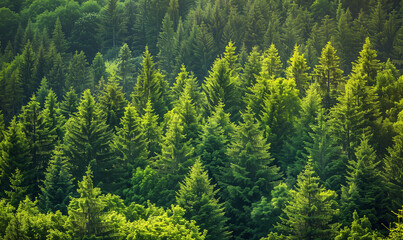 In a healthy forest full of old spruce, fir and pine trees, the crowns are green, creating a unique natural landscape where harmony and life force are in harmony with the age of the forest.