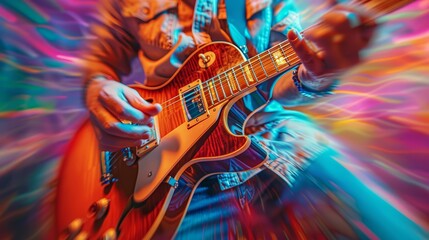 Naklejka premium dynamic stance of a guitarist from a worms-eye view