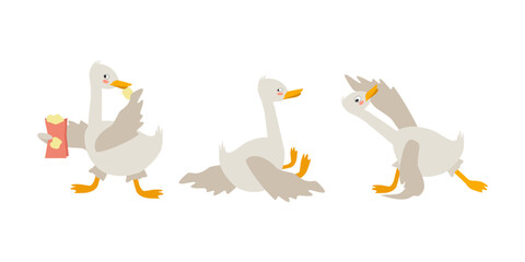 Obraz premium Set of funny cute goose character is engaged in eating chips, doing yoga and getting offended. Mood, activity. Vector cartoon illustration for stickers, packaging, books.