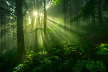 Emerald Dawn: A Misty Morning's Light Revealing a Pristine Forest's Hidden Beauty