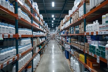 Fototapeta premium Pharmaceutical Distribution Center: An image of a pharmaceutical distribution center with shelves stocked with medications, vaccines, and medical supplies