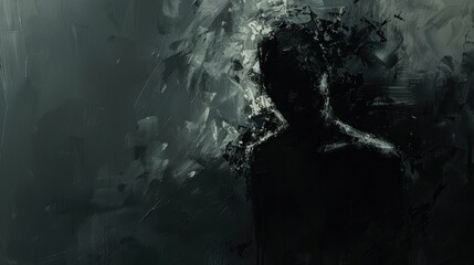 A dark and moody painting of a person with a shadow
