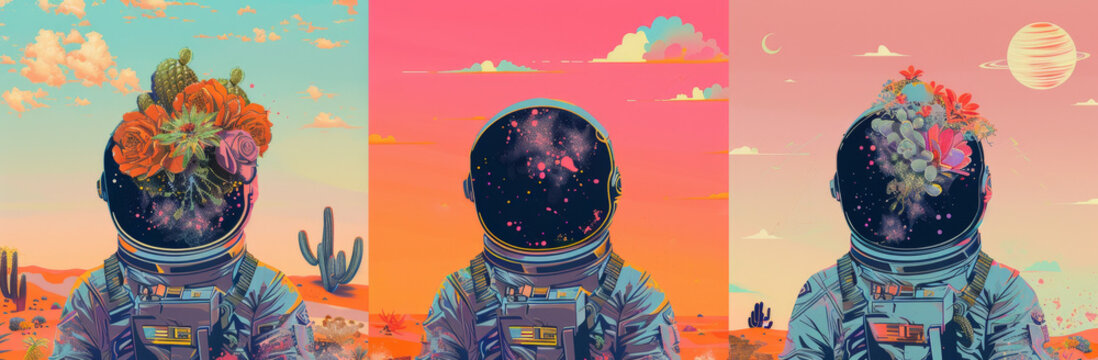 Three designs of an astronaut in space with flowers growing on their suit, with each design representing different styles and colors. The background is a surreal desert landscape with cacti