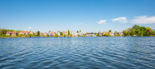 Landscape panorama of houses along lakes ¨Bergse Plassen¨ in the Hillegersberg district of...