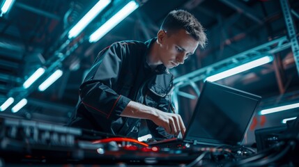 Repairman working in technical support fixing computer laptop tr