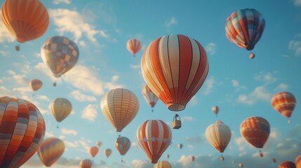 Fototapeta premium flock of colorful hot air balloons floating majestically against a clear sky