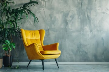 stylish yellow armchair in minimalist grey concrete interior modern home decor