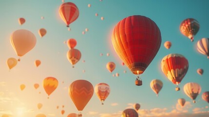 Obraz premium flock of colorful hot air balloons floating majestically against a clear sky