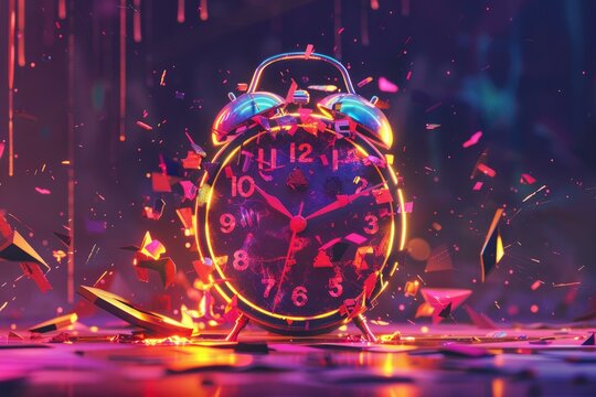 Vibrant 3d rendering of an exploding alarm clock with neon effects and debris