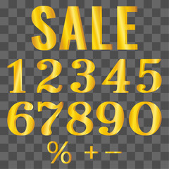 Set of gold 3D numbers for design of advertising coupon, voucher, banner, poster, tag, label, vector.