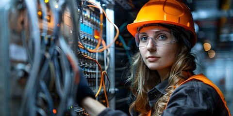 Skilled Female Electrician: Installing Switchboard System. Concept Electrical Wiring, Switchboard Installation, Skilled Female Electrician, Safety Precautions, Residential Services