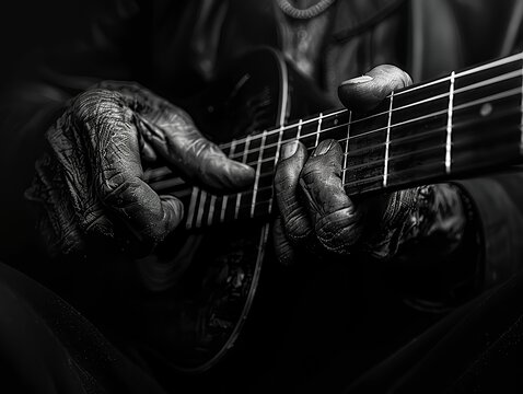 Focus on the musicians calloused fingertips pressing down on the strings of an acoustic guitar Highlight the contrast between the human touch and the taut strings