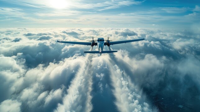 Close-Up of Cloud Seeding Aircraft in Action Amidst Cumulus Clouds