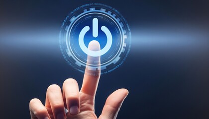 finger pressing a glowing blue power button on a dark background