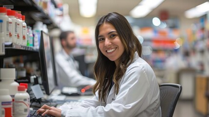 pharmacist sitting at the computer, looking at us with a happy bright smile.