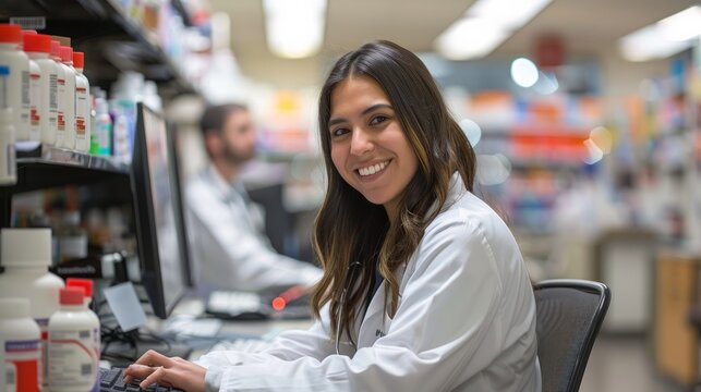 pharmacist sitting at the computer, looking at us with a happy bright smile. - Powered by Adobe