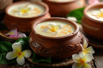 traditional kiribath in clay pot with coconut milk and frangipani for sinhalese new year food photography