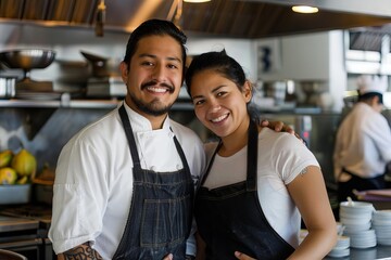 vibrant modern restaurant kitchen smiling young hispanic chef couple culinary entrepreneurship portrait