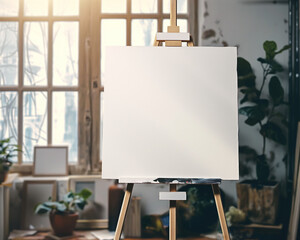 there is a easel with a blank canvas on it in a room